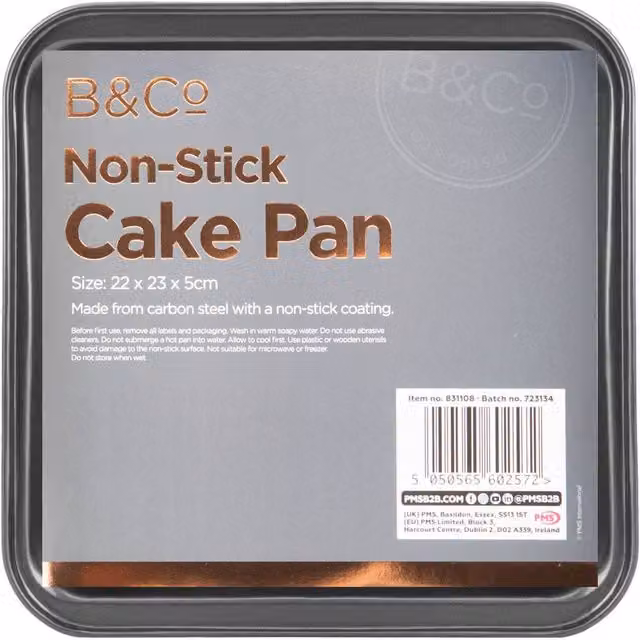 B&Co Non Stick Square Cake Tin, Silver/Grey, 23 cm – 1