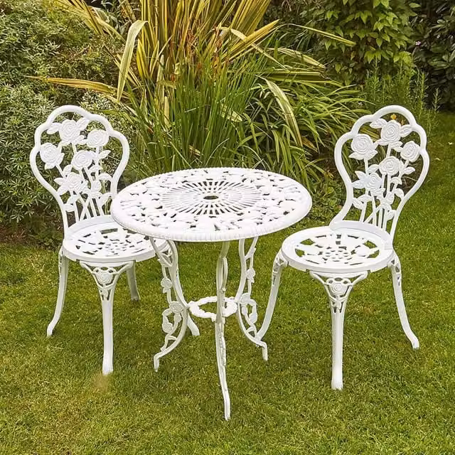 Home Source Rose 2 Seater Bistro Set in White Powder Coated Aluminium for Garden, Balcony or Terrace