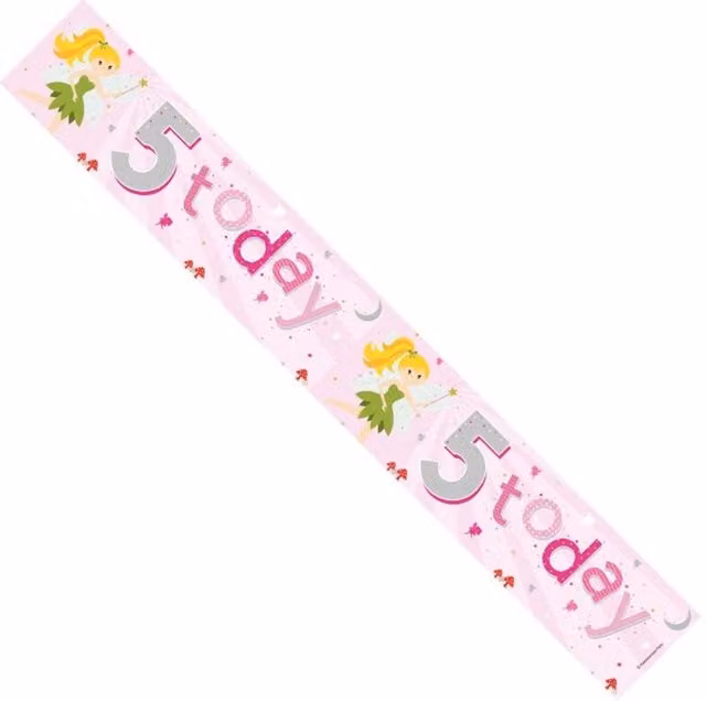 KDMD Happy 5th Birthday Fairy Party Banner Pack of 12 in Pink and Transparent