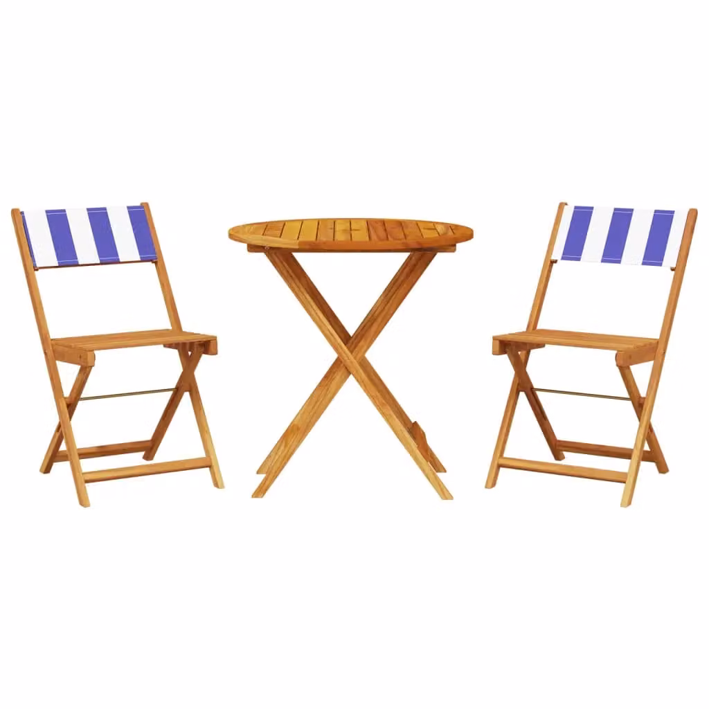 Berkfield Home 3 Piece Acacia Wood Bistro Set with Blue and White Striped Fabric – 2