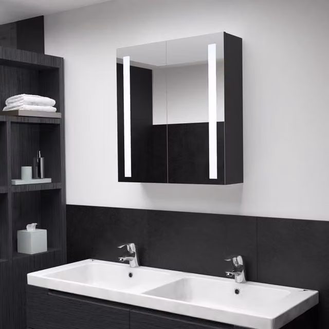 Berkfield Home LED Bathroom Mirror Cabinet in Black, W/D/H: 62 x 14 x 60 cm