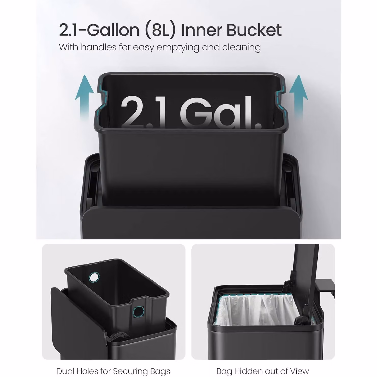 SONGMICS Small Hanging Kitchen Waste Bin with Flip Lid and Removable Inner Bucket, Black Steel – 4