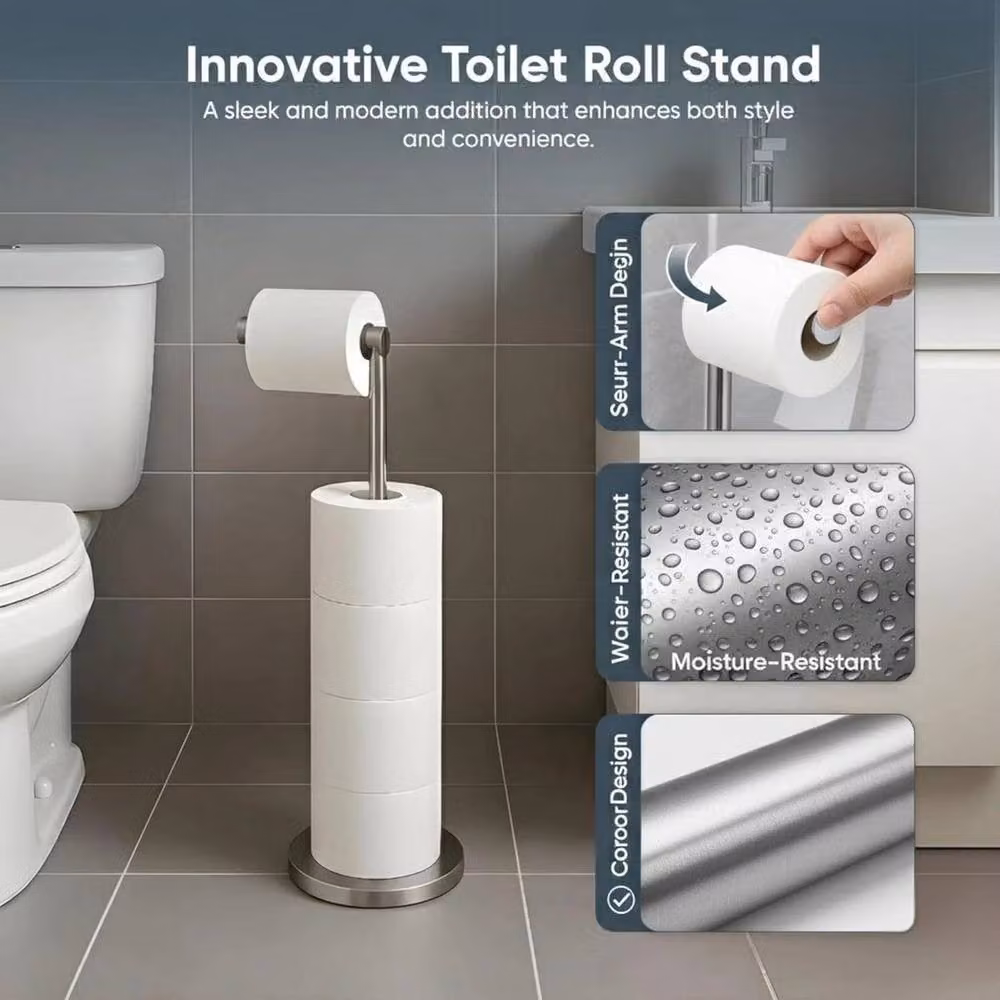 PAWNORA White and Silver 2-in-1 Freestanding Metal Toilet Roll and Spare Roll Holder – 3