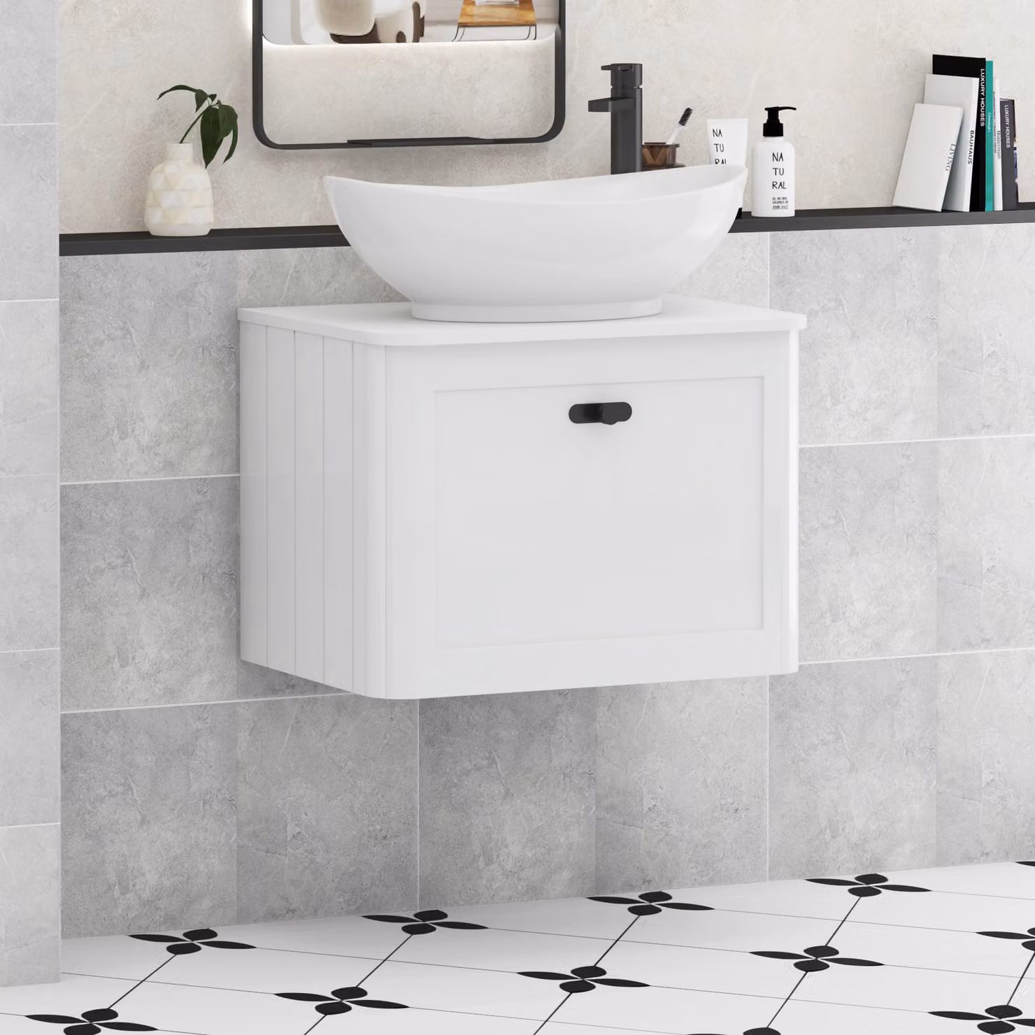 Royal Bathrooms Henley 600mm Gloss White Wall Hung Vanity Unit with Amaze Basin and Matt Black Knob