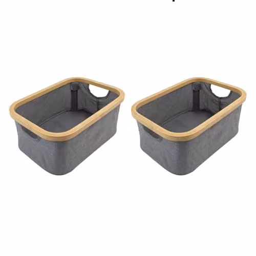 JVL Bambanio Set of 2 Foldable Bamboo Storage Baskets with Handles, Grey, 26L – 1