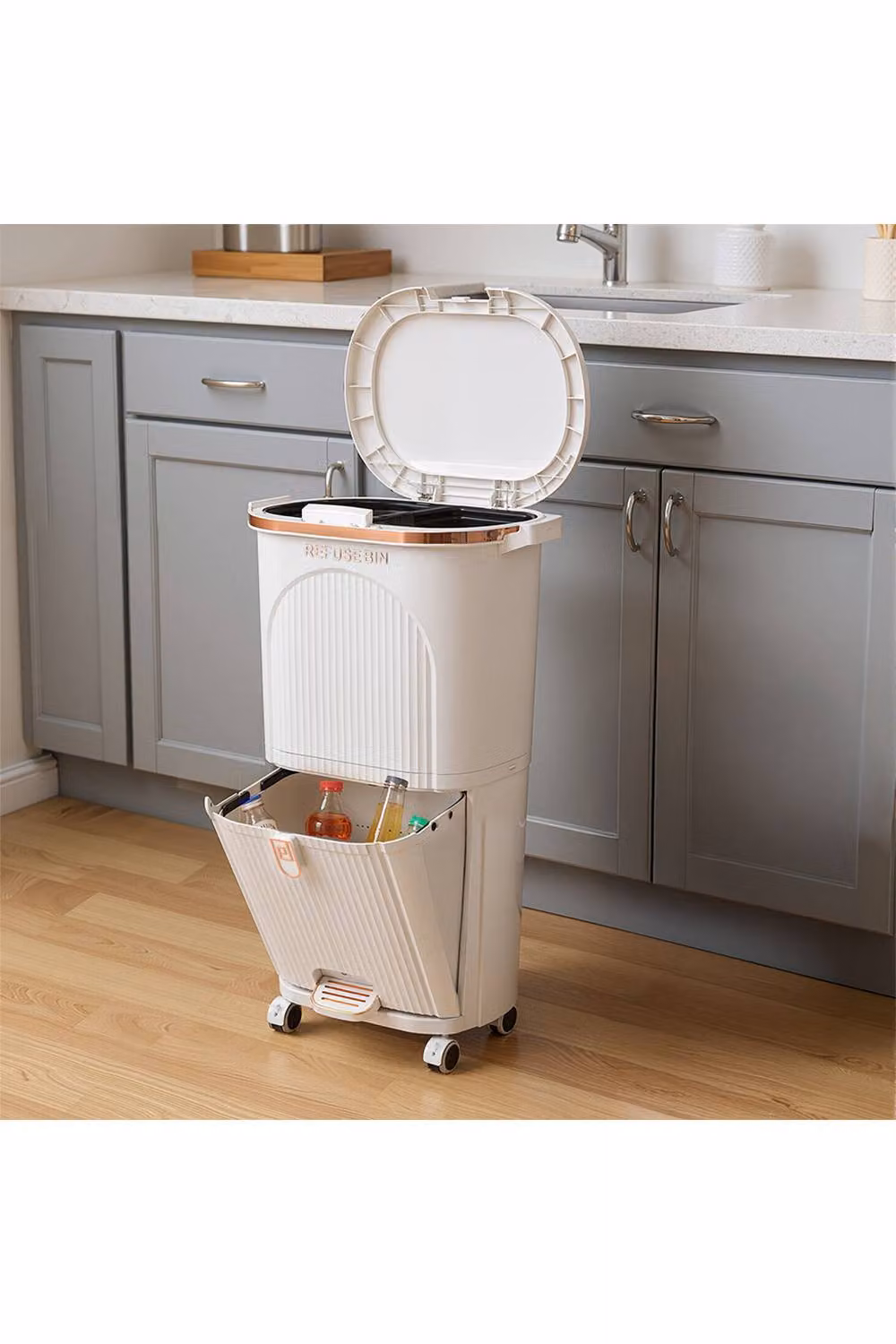 Living and Home 2-Layer Rolling Rubbish Bin with 2 Removable Inner Buckets in White – 3