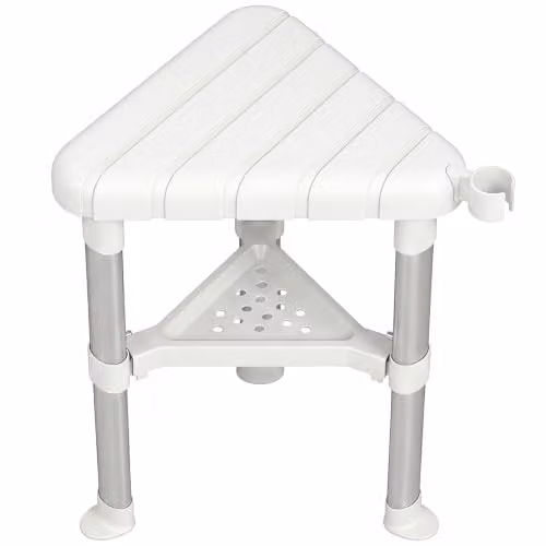 HOMCOM Non-Slip White Bathroom Shower Stool with Adjustable Height Legs and Metal Frame