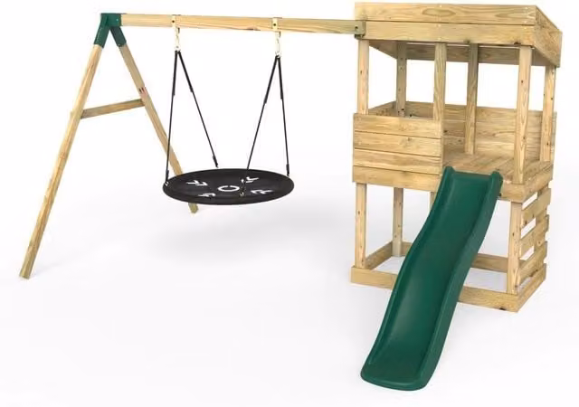 Rebo Brown Wooden Lookout Tower Playhouse with Slide, Height: 223 cm