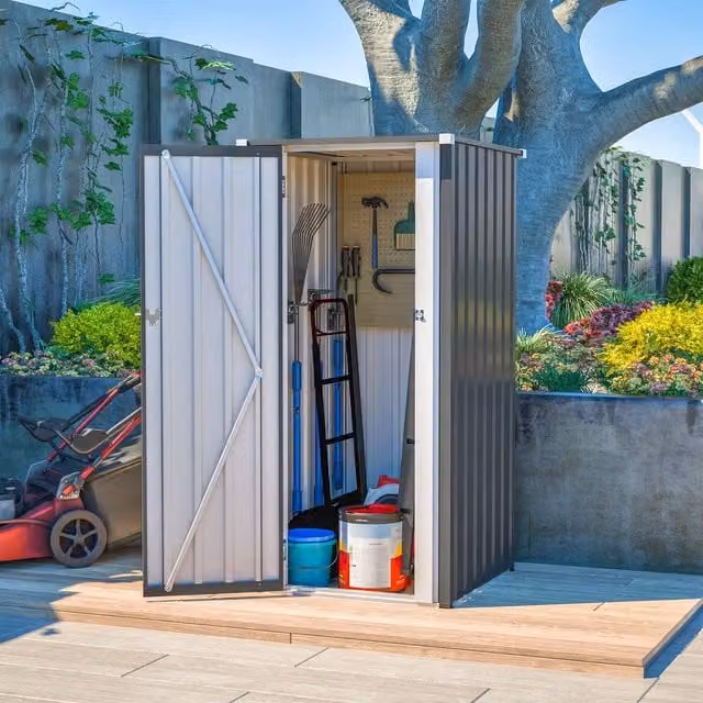 BIRCHTREE Metal Pent Garden Shed with Double Doors in Grey and White