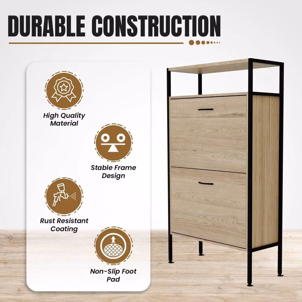 FORGEVIO Industrial 2-Drawer Wooden Shoe Storage Cabinet in Brown and Beige – 2