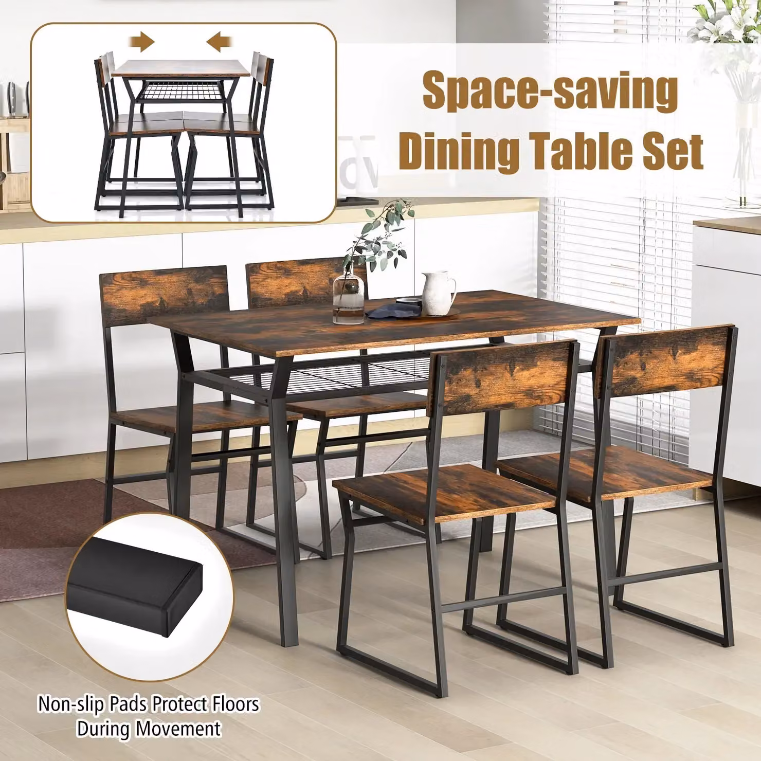 Costway 5-Piece Industrial Dining Table Set with 4 Chairs in Brown – 4