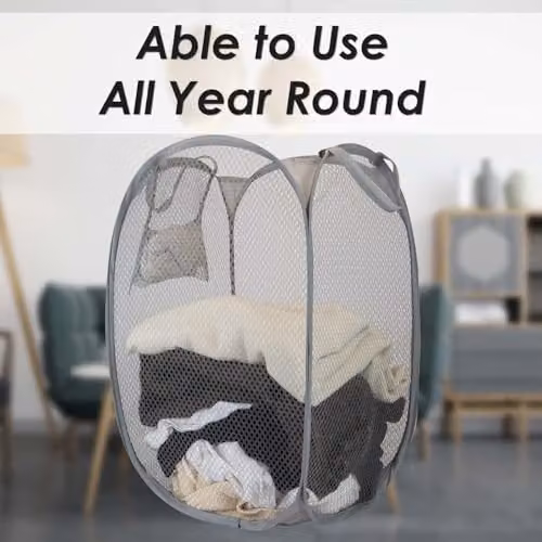 VFM e-Store Collapsible Fabric and Metal Laundry Basket in Grey and White, W: 58 cm, D: 32 cm, H: 32 cm – 3