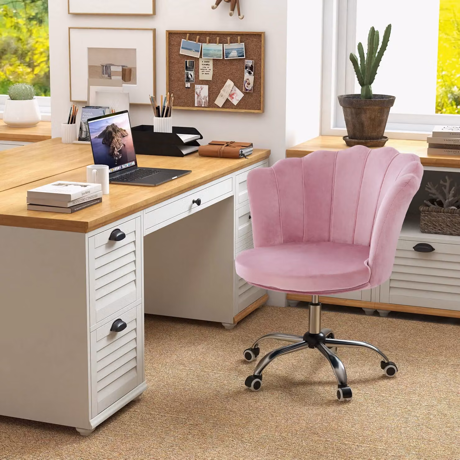 Costway Pink Velvet Adjustable Vanity Chair with Armrests and Wheels – 2