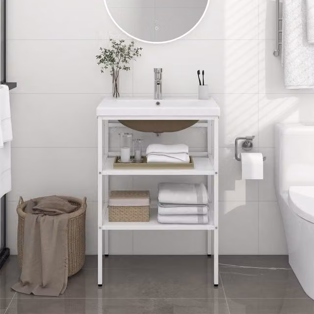 Berkfield Home Modern White Iron Bathroom Washbasin Frame with Ceramic Basin – 1