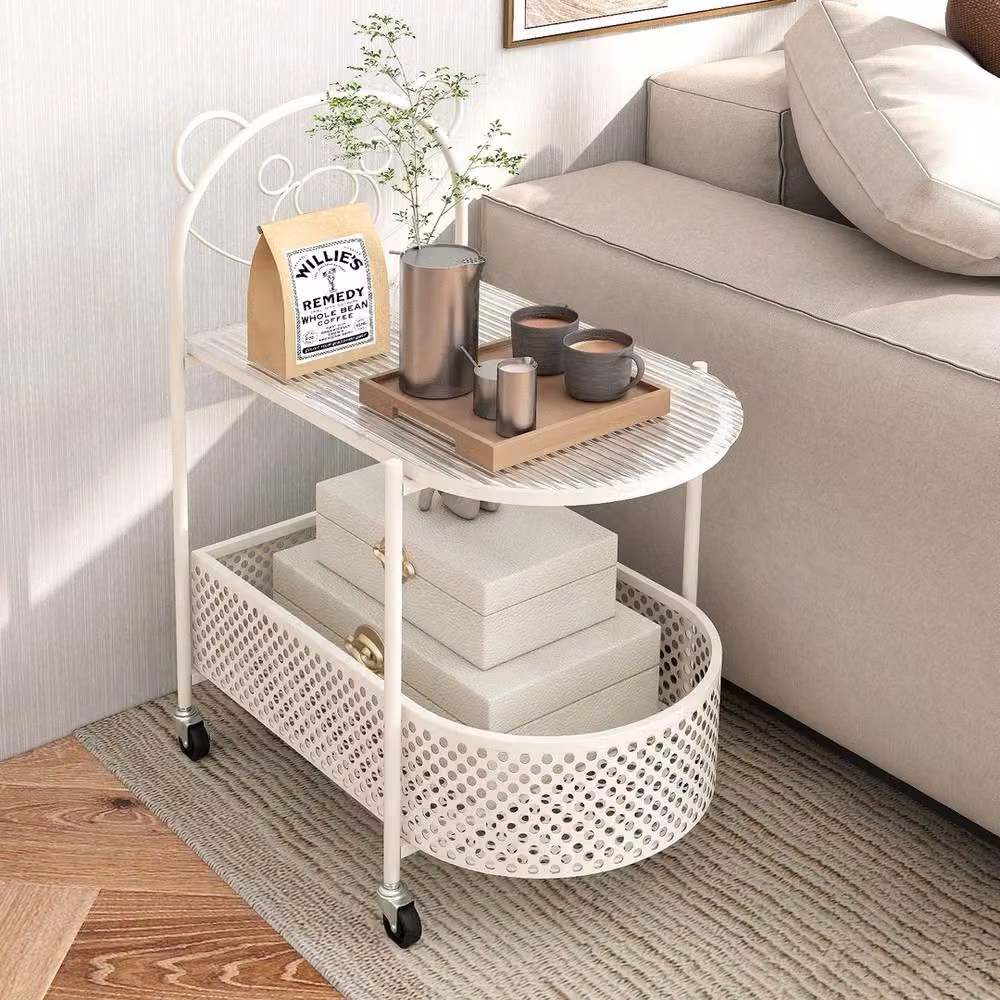 VOGREX White 2-Tier Mobile Glass Coffee Table with Castors, W/D/H: 76.0 x 60.0 x 41.0 cm – 2