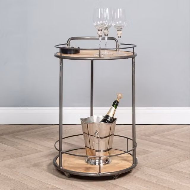 Elm Home and Garden Modern Round Drinks Trolley in Grey with Waxed Mango Wood and Metal