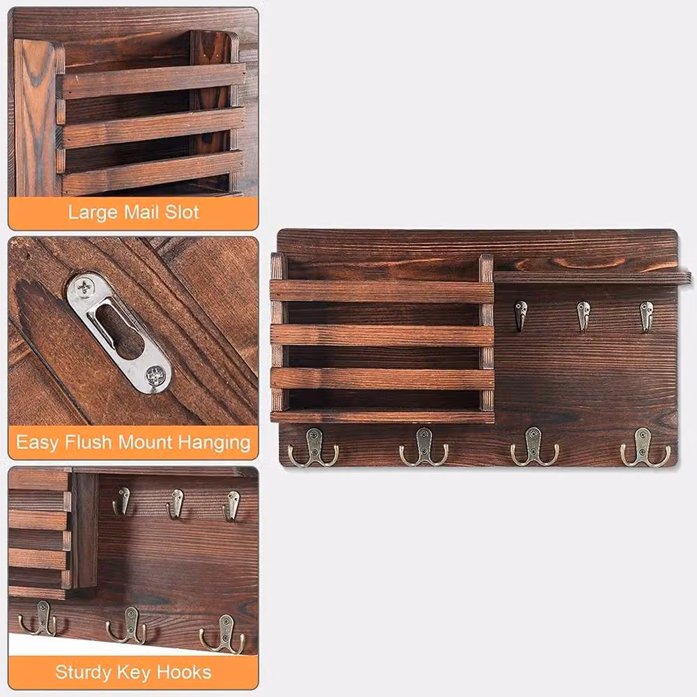 Nekon Rustic Wood Wall Mounted Key Holder and Mail Rack with Shelf in Brown and White – 5