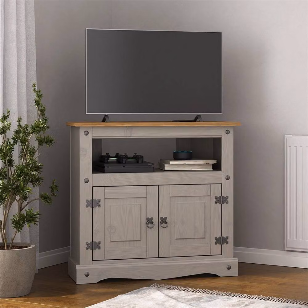 Nordara Grey Rustic Mexican Solid Pine Wax Corner TV Stand – 3