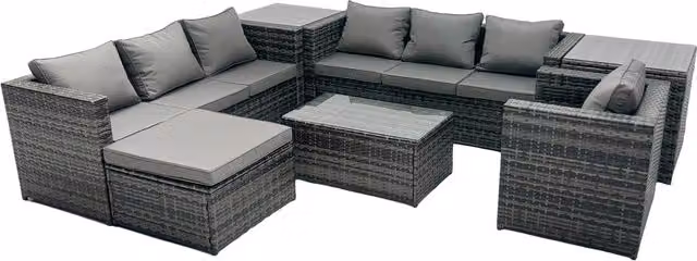 Fimous 8-Seater Patio Coffee Table Sofa Set with Large Stool and 2 Side Tables in Dark Grey – 1