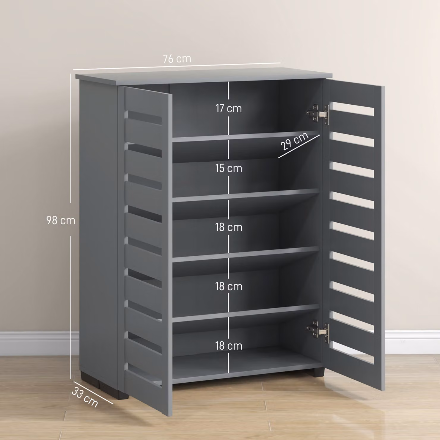 HOMCOM Slim 5-Tier Narrow Shoe Cabinet with Slatted Hinged Doors and Adjustable Shelves, Grey – 3
