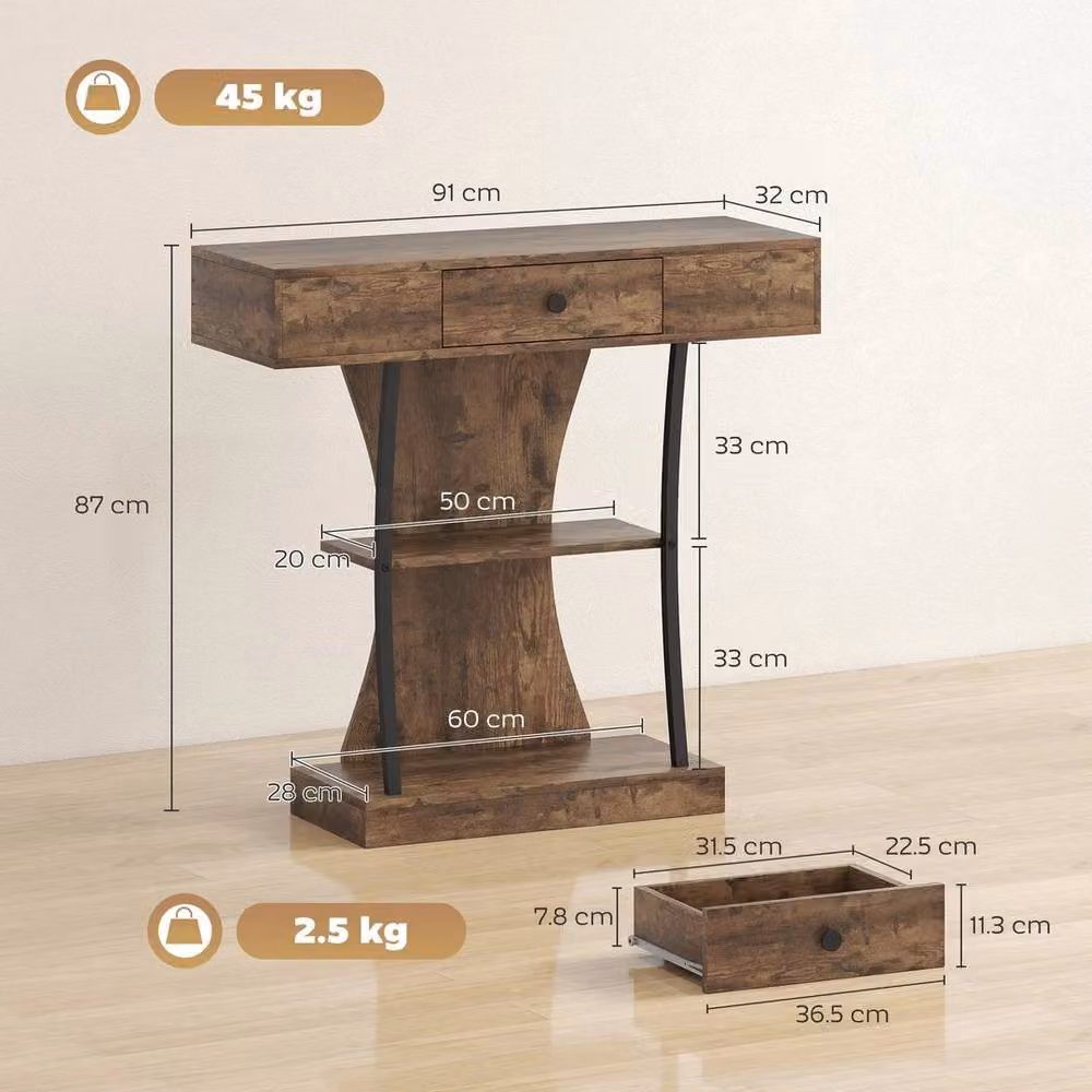 Kelvenix Industrial Console Table with Storage Shelves in Brown and Black – 2