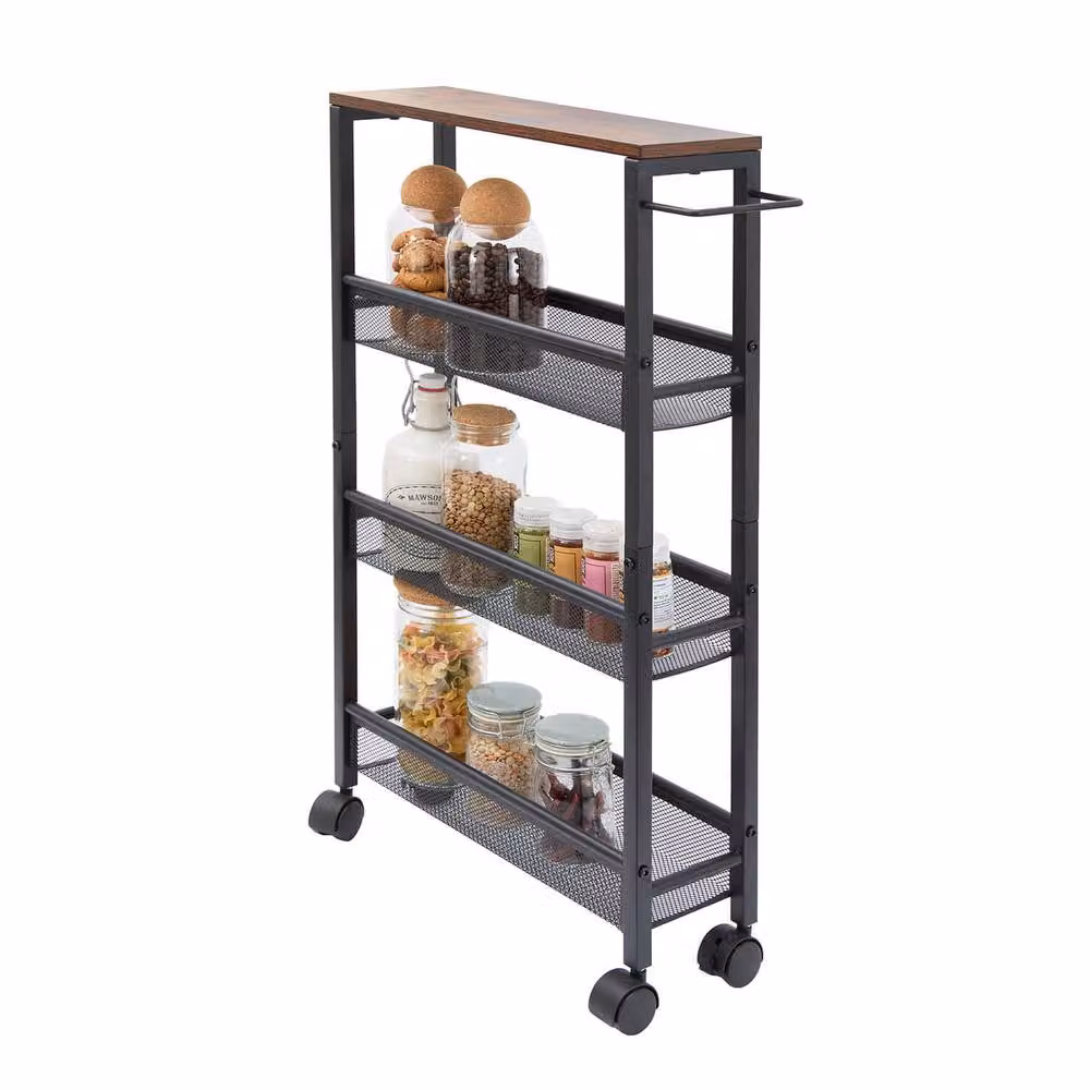 Coopers of Stortford 3-Tier Slimline Storage Trolley with Wood Top, Black, H77 x W47 x D13 cm – 2