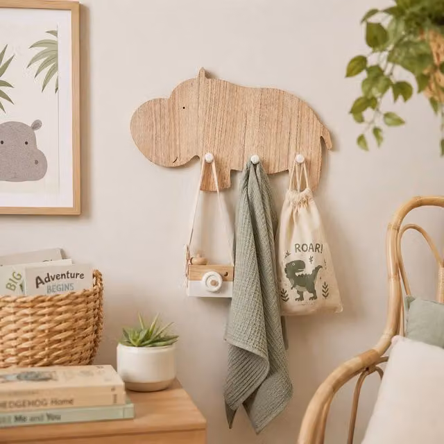 Marco Paul Baby Hippo Wall Mounted Wood Hooks in Light Brown, W: 29.6 cm, H: 25.3 cm – 1