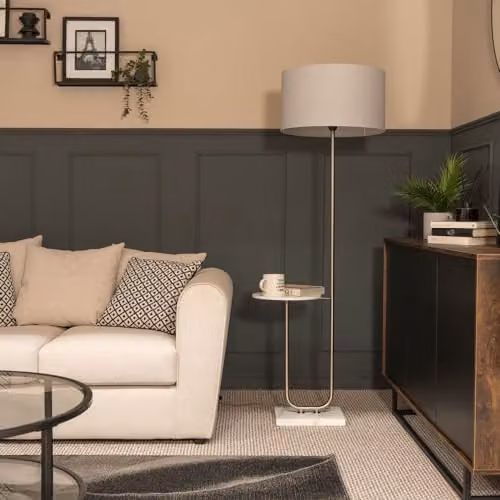 ValueLights Modern Floor Lamp with Chrome Finish, Marble Base and Large Grey Fabric Shade – 2