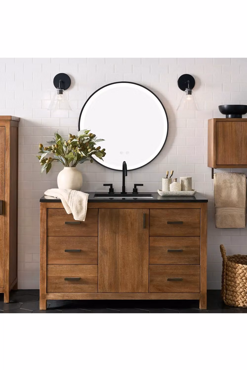 Living and Home Round Metal Framed LED Bathroom Wall Mirror in Black, Diameter: 80 cm – 3