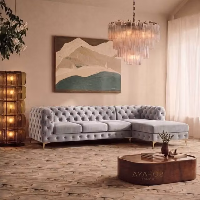 Sofaya Monaco Chesterfield 4 Seater L-Shaped Sofa in Light Grey Velvet with Right Hand Chaise