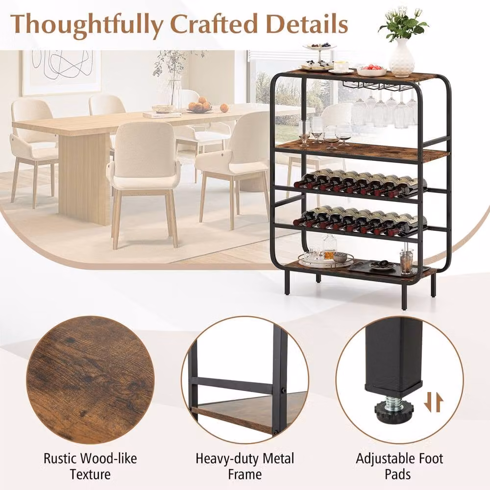 Gymax 5-Tier Metal Wine Rack in Brown with 16 Bottle Capacity and Glass Holders – 7