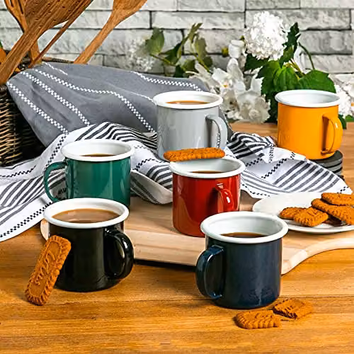 Argon Tableware Enamel Mugs, Set of 6, Yellow, Green and White, 375ml – 4