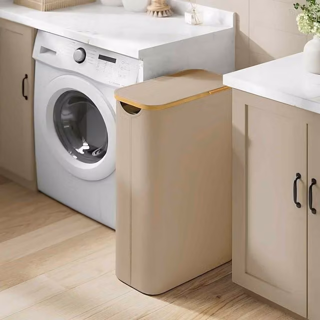 The Bazaarist Slim Laundry Hamper with Lid and Removable Mesh Liner, Brown and Beige, W/D/H: 22.5 x 42.0 x 70.5 cm