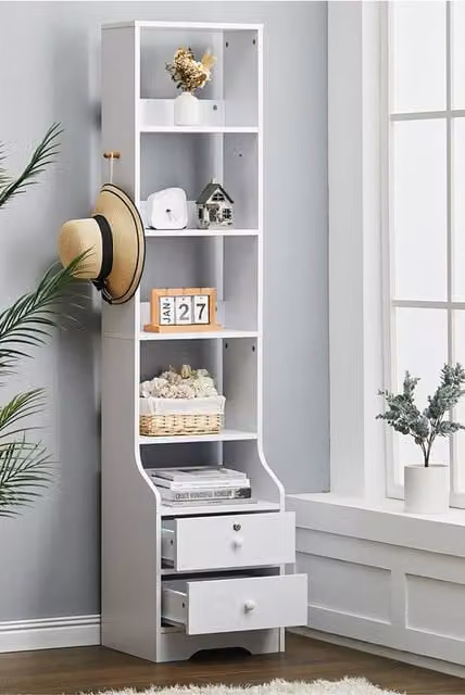 Living and Home White Storage Shelving Unit with 5 Shelves and Lockable Drawer – 1