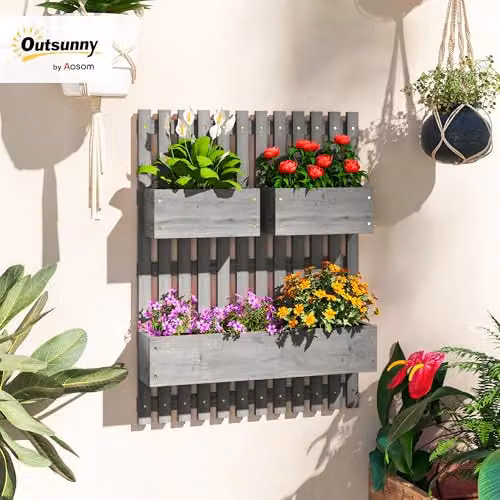 Outsunny Wall-mounted Wooden Garden Planters with Trellis in Grey – 2