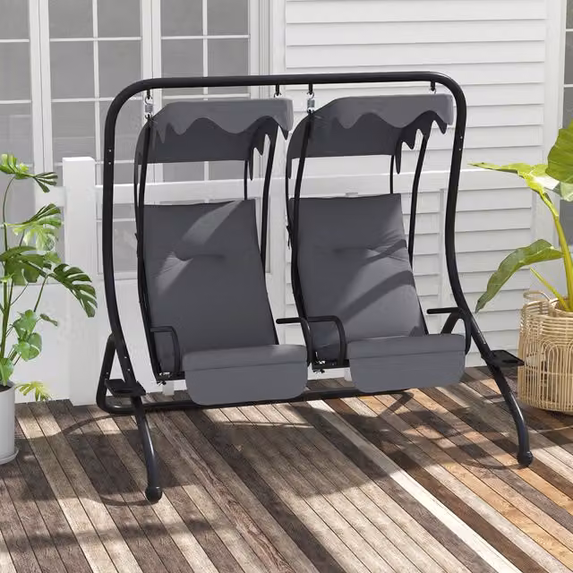 Outsunny 2 Seater Garden Swing Chair with Sun Canopy and Cup Holders in Grey