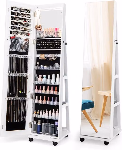 Gymax 360 Rotating White Standing Jewelry Armoire with Mirror and LED Lighting – 1