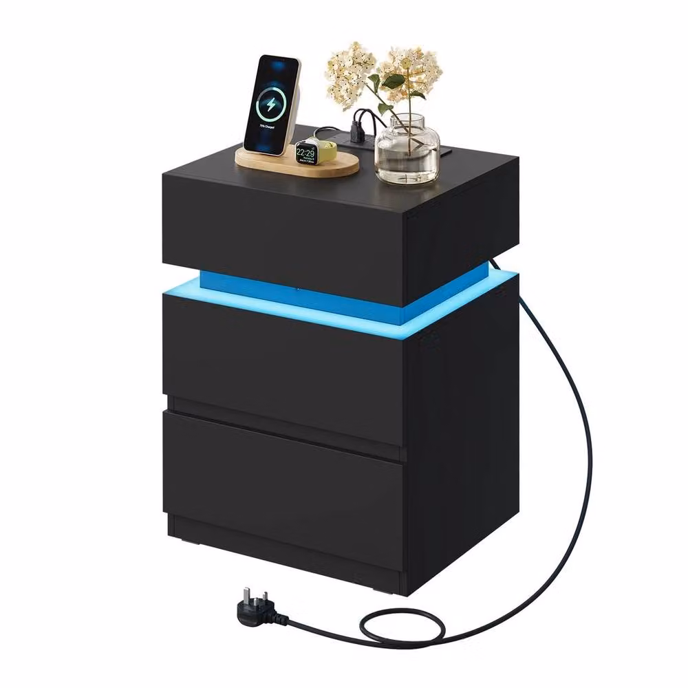 FORGEVIO Black Bedside Table with Integrated LED Lighting and Charging Station – 4