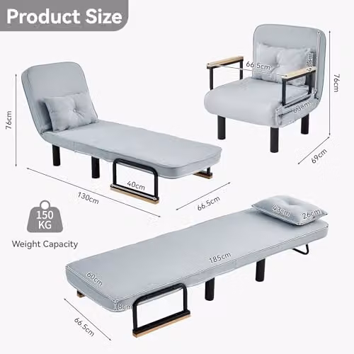 mcc direct 4 in 1 Folding Single Sofa Bed Convertible Lounge Sleeper Chair with Adjustable Backrest and Tufted Cushion in Light Grey – 2