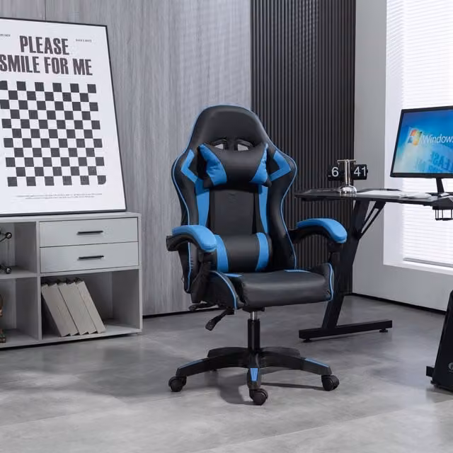 Home Treats Blue Synthetic Leather Recliner Gaming Chair with Swivel, Tilt, Headrest and Armrests