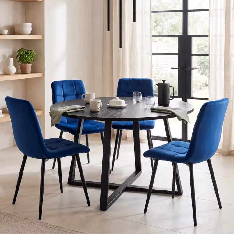 DHS Kyvon Round Dining Table Set with 4 Chairs, Black and Blue