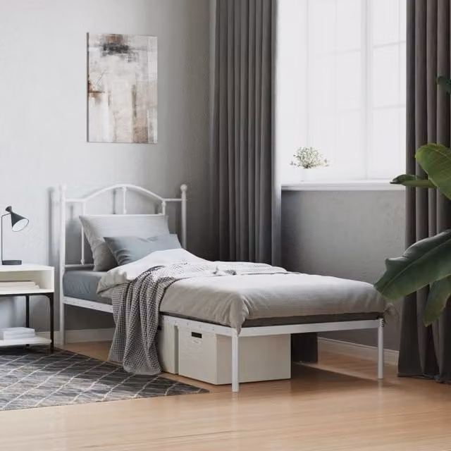 Berkfield Home Metal Bed Frame with Headboard in White, W/D/H: 80 x 200 cm