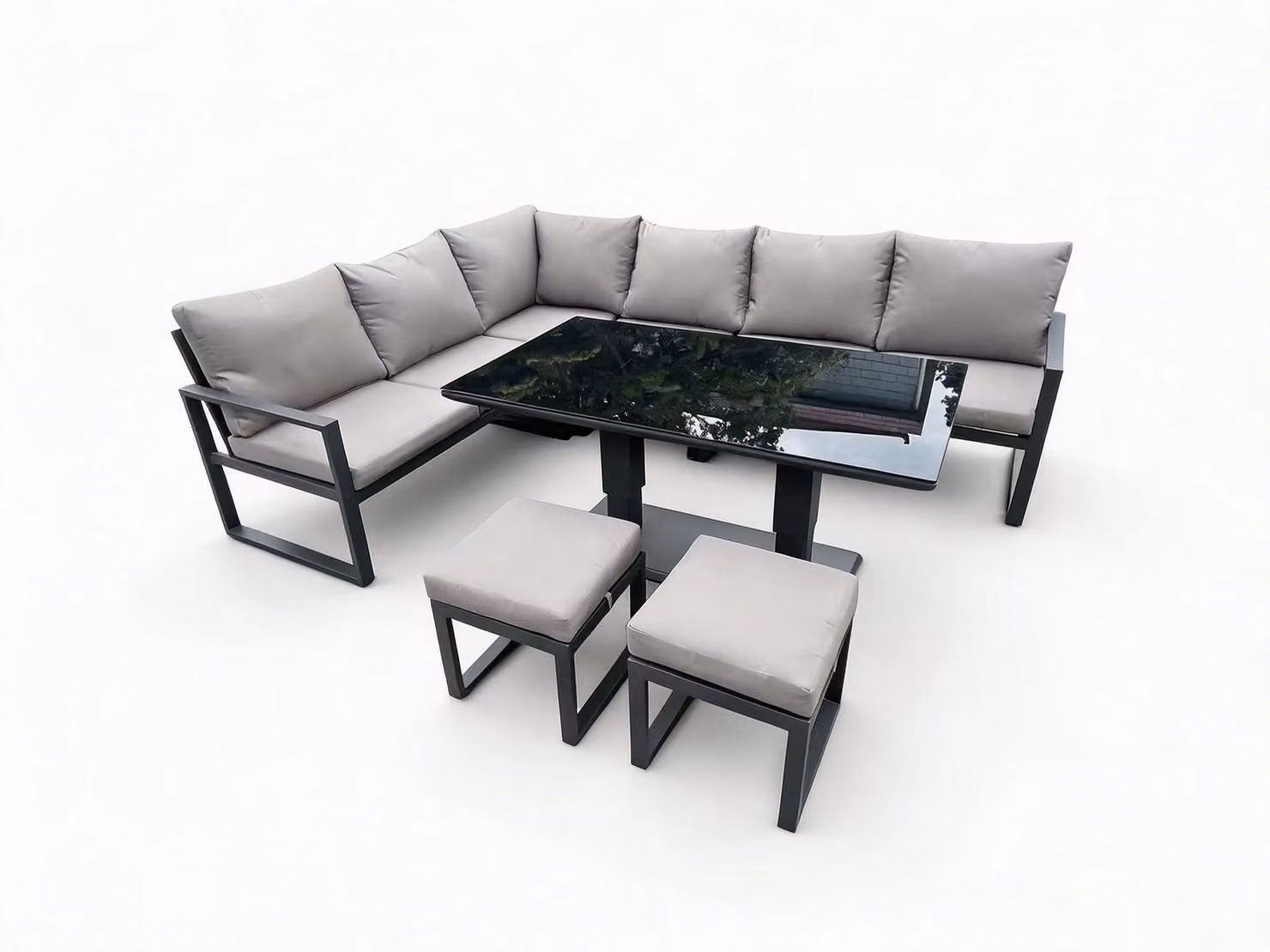Fimous 8-Seater Corner Sofa Set with Height Adjustable Dining Table in Dark Grey Powder Coated Aluminium – 2