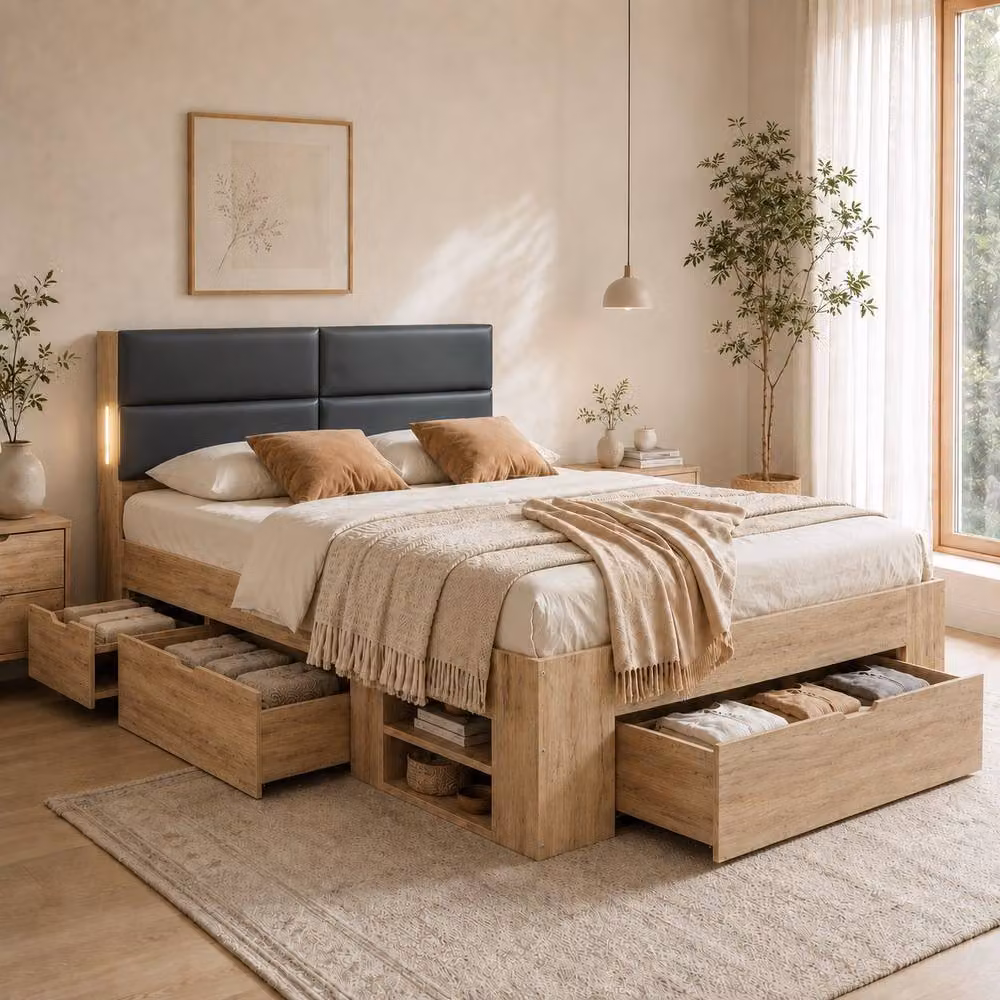 Merax Double Storage Bed with Drawers and Integrated LED Lighting in Brown, W/D/H: 135 x 190 x 105 cm – 6