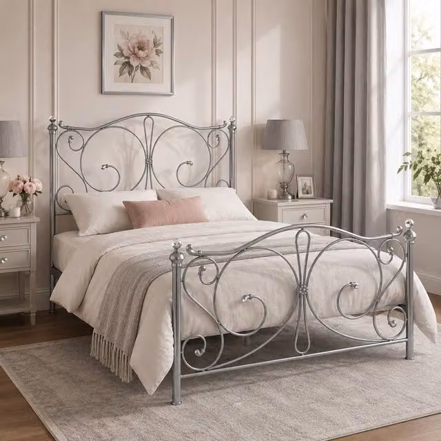 SquareBoxx Sofia Double Metal Scrollwork Crystal Finials Bed Frame in Silver