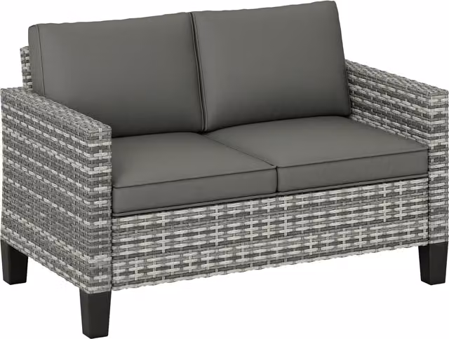 Outsunny Two-Seater Rattan Outdoor Sofa in Grey with Upholstered Cushions and Powder Coated Steel Frame