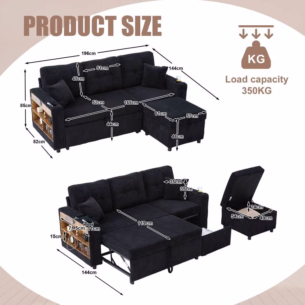 BTM Black Corduroy Upholstered Sofa Bed with Storage, USB-C Charging and LED Lighting – 2