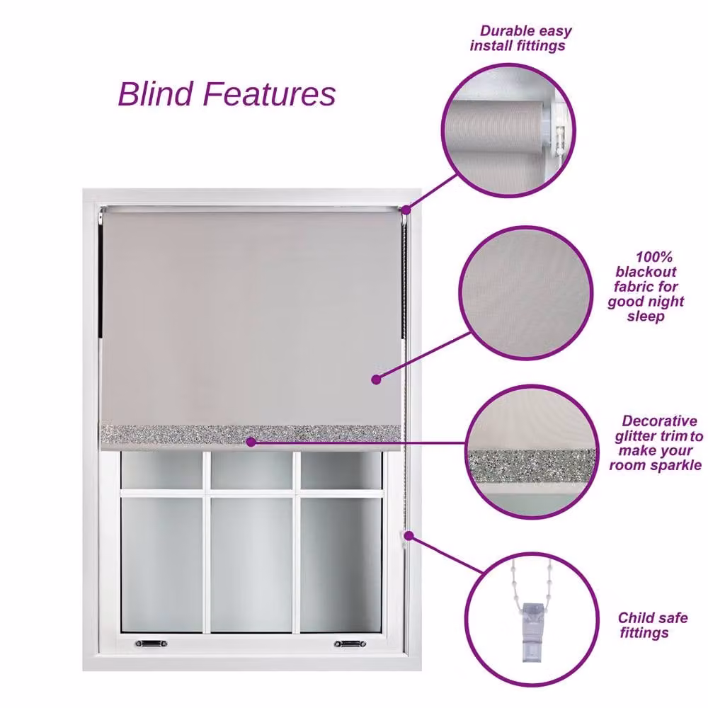 Furnished Aubergine Blackout Roller Blind with Silver Glitter Accent, Thermal Insulating and UV Resistant, Width: 240 cm, Height: 210 cm