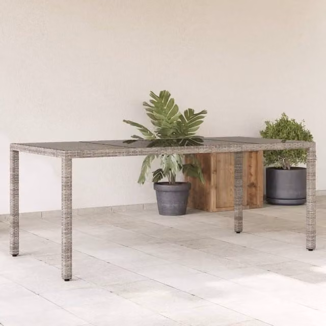 Berkfield Home Grey Poly Rattan Garden Table with Glass Top, W/D/H: 190 x 90 x 75 cm
