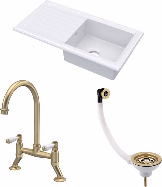 Balterley White Ceramic Kitchen Sink with Drainer and Mixer Tap, Reversible Single Bowl Fireclay Inset Countertop, W/D/H: 101 x 52.5 x 30.19 cm, White and Brushed Brass